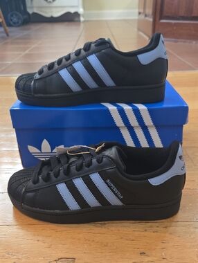 Adidas Superstar II Sneakers Women's Size 8 Wide Core Black/ Ash Blue JS1338